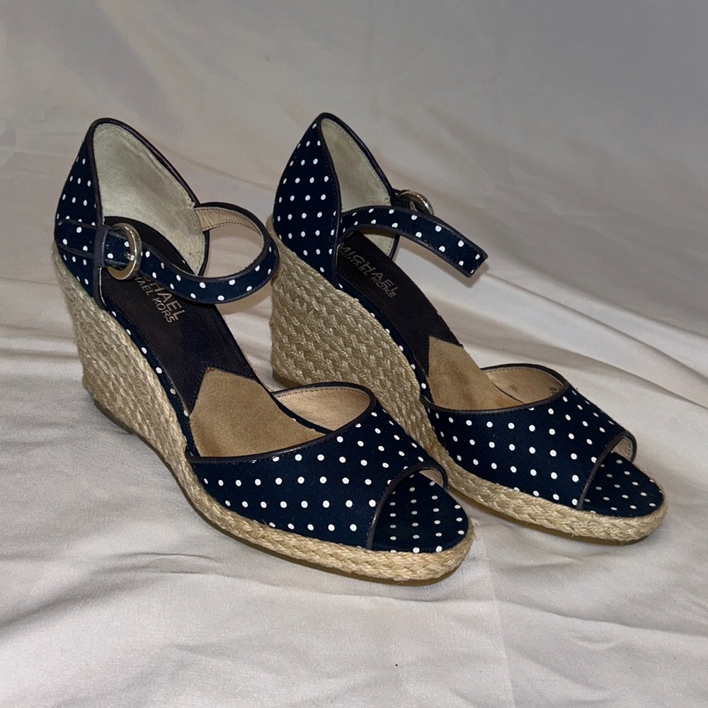 Michael Kors Navy Blue and White Polka Dot Wedges